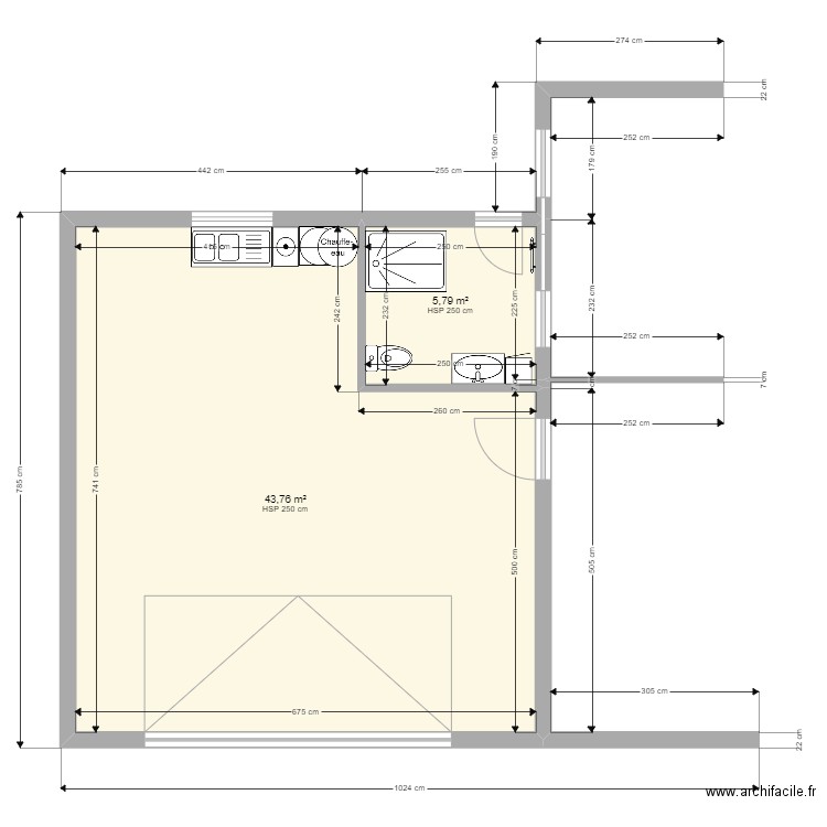 SDB. Plan de 2 pièces et 50 m2