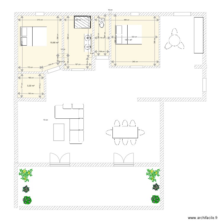 gourbis 3 ok . Plan de 3 pièces et 38 m2