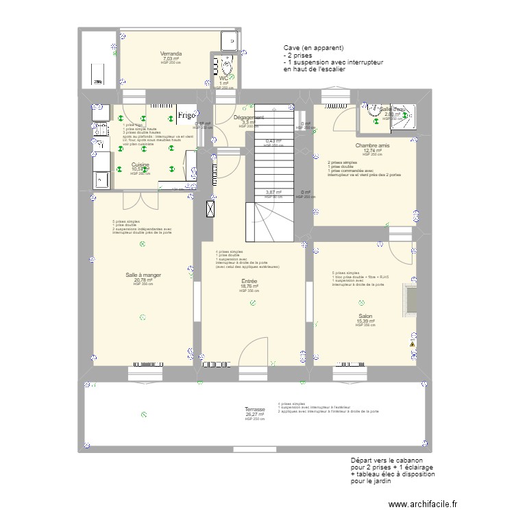 rez de chaussée. Plan de 15 pièces et 122 m2