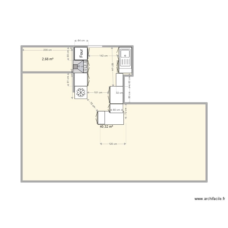 aménagement cuisine Tonton/ Martine 2. Plan de 2 pièces et 43 m2