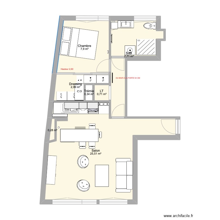 Morillons dressing. Plan de 7 pièces et 45 m2