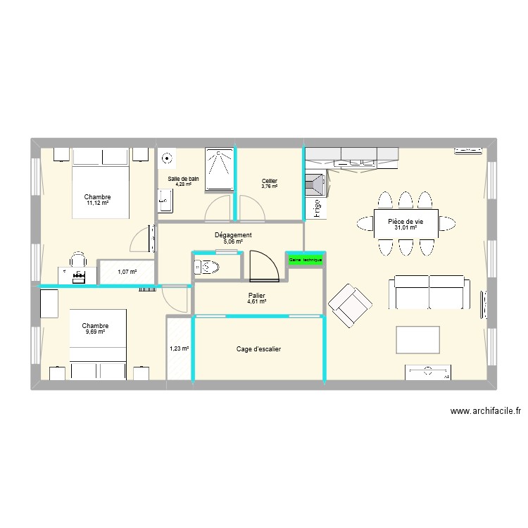 T3 traversant cuisine d'angle 2ème étage . Plan de 11 pièces et 78 m2