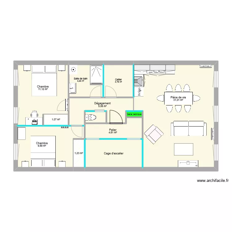 T3 traversant cuisine d'angle 2&egrave;me &eacute;tage . Plan de 