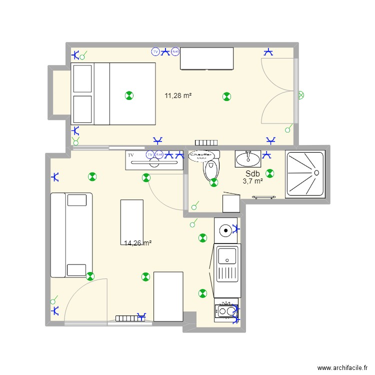 Appt 2. Plan de 3 pièces et 29 m2