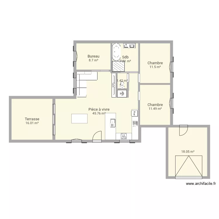 Maison t3 plus bureau 86m2 avec garage. Plan de 