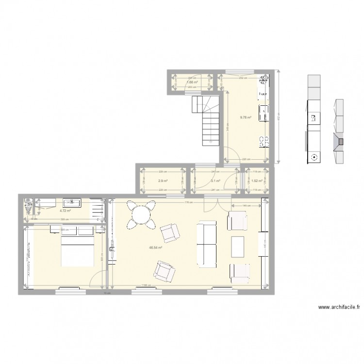 Appartement T3 avec SdB et Chambre et salon et cuisine. Plan de 0 pièce et 0 m2