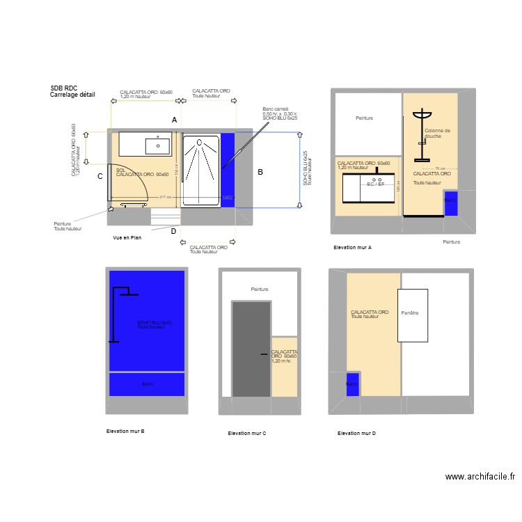 SDB 1 Mittainville + élévations Carrelage commande. Plan de 14 pièces et 23 m2