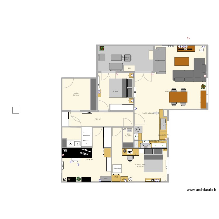 v2lolo. Plan de 14 pièces et 106 m2