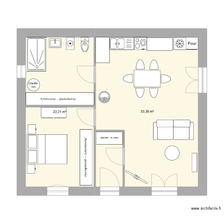 chambre devant porte chambre sur salle amengt SB. Plan de 2 pièces et 56 m2