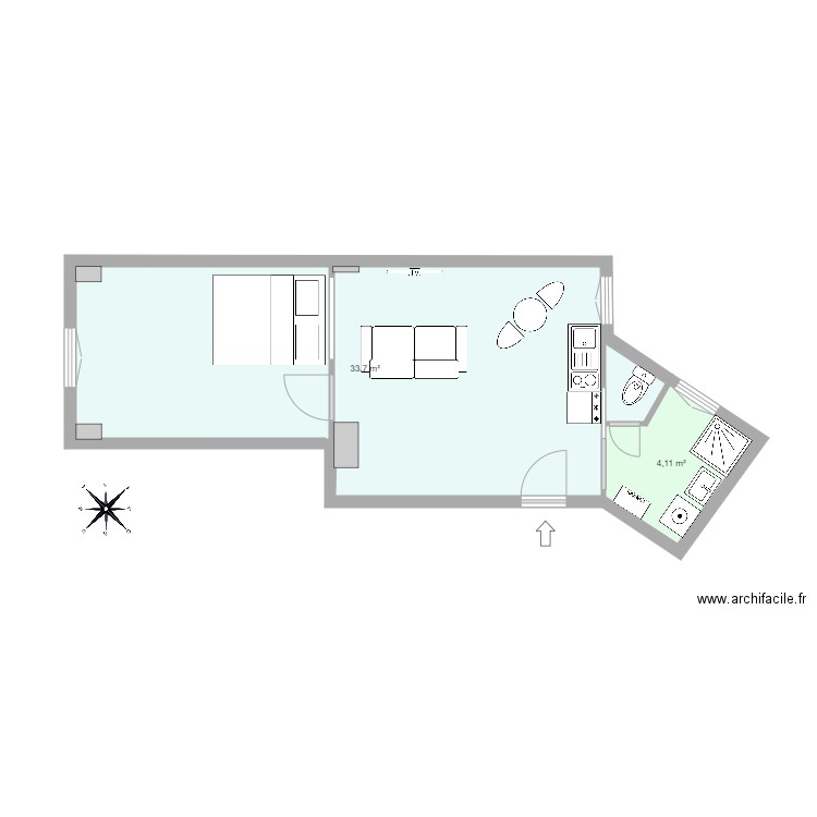 Menadier. Plan de 2 pièces et 38 m2