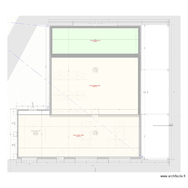 hangar type de sol. Plan de 3 pièces et 225 m2