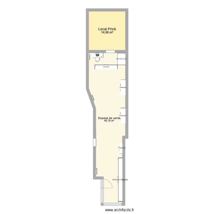 Plan après travaux. Plan de 2 pièces et 60 m2