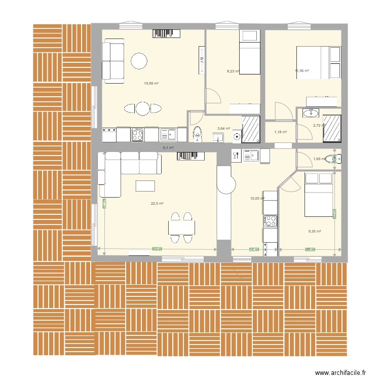 T3  logement six fours RDC. Plan de 12 pièces et 91 m2