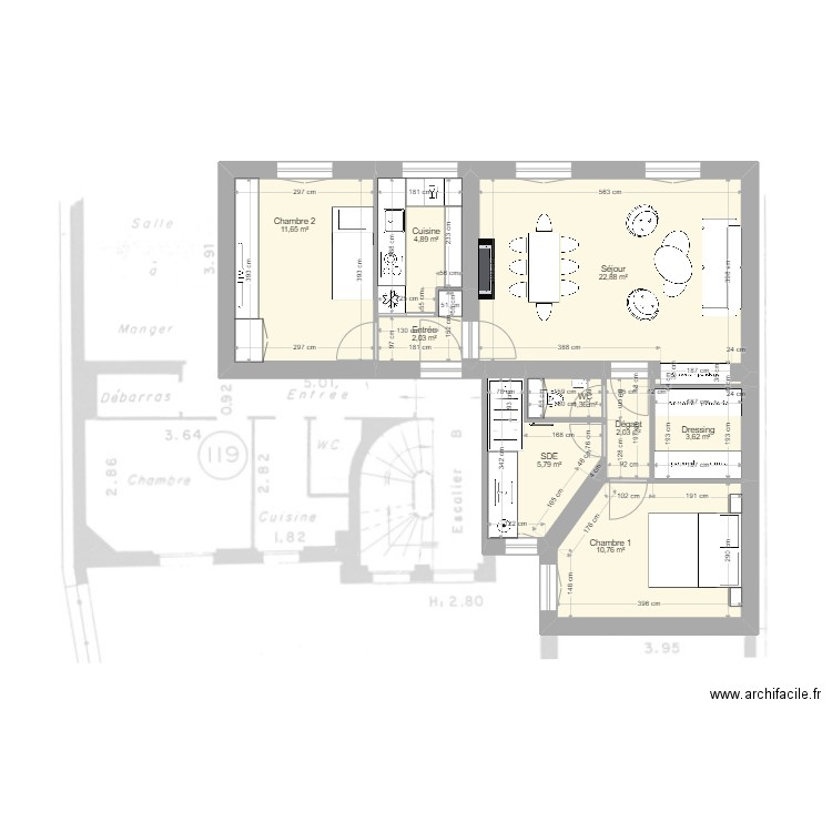 Lamarck. Plan de 9 pièces et 65 m2