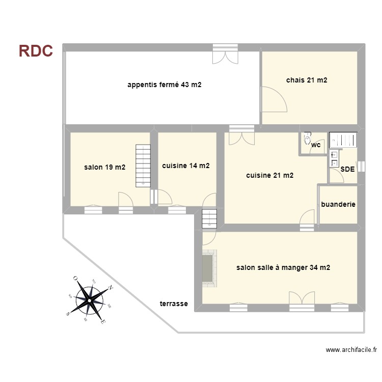 rdc Abadie. Plan de 5 pièces et 125 m2