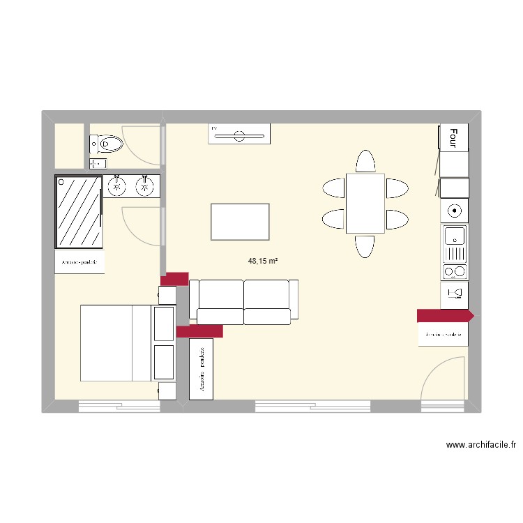 stud 2. Plan de 1 pièce et 48 m2