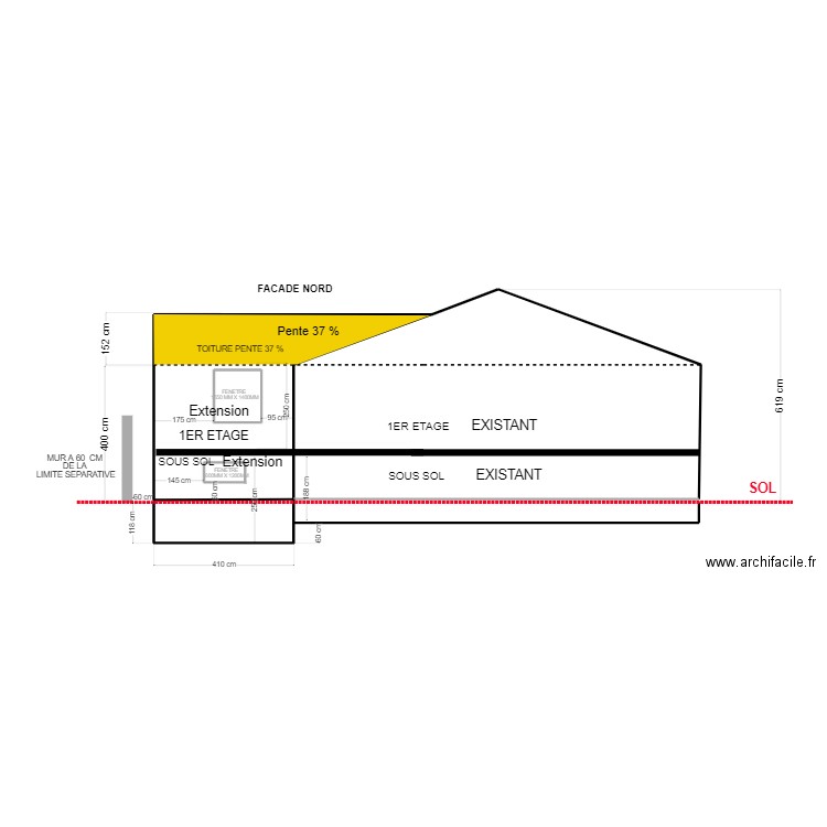 plan de coupe facade NORD. Plan de 4 pièces et 92 m2