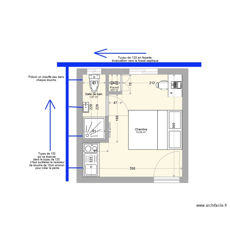 Chambre Mvogbi 5. Plan de 3 pièces et 12 m2