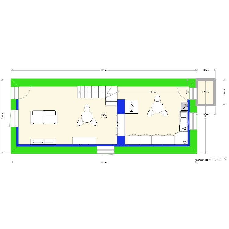 RDC RAON. Plan de 2 pièces et 50 m2