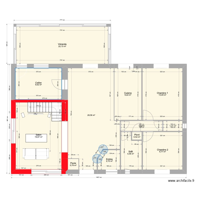 Maison transformations escalier fond meublé. Plan de 13 pièces et 125 m2