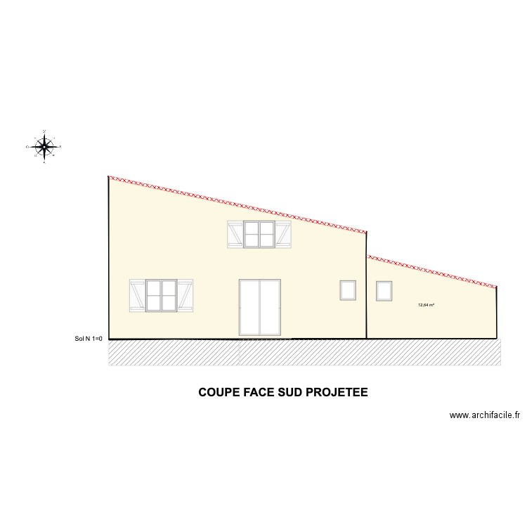 plan de coupe Face sud projetée 1. Plan de 2 pièces et 63 m2