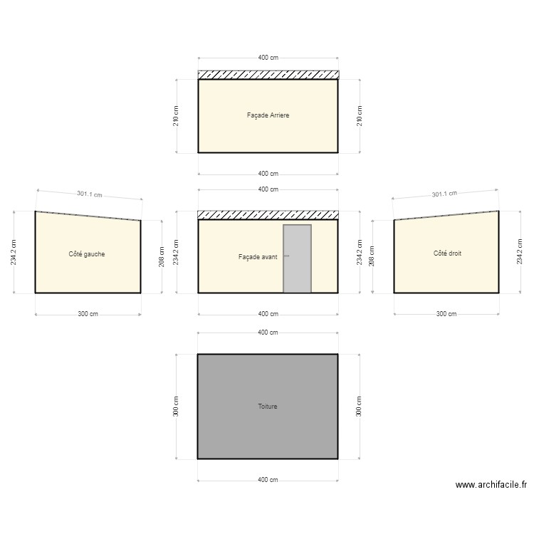 facade. Plan de 6 pièces et 41 m2