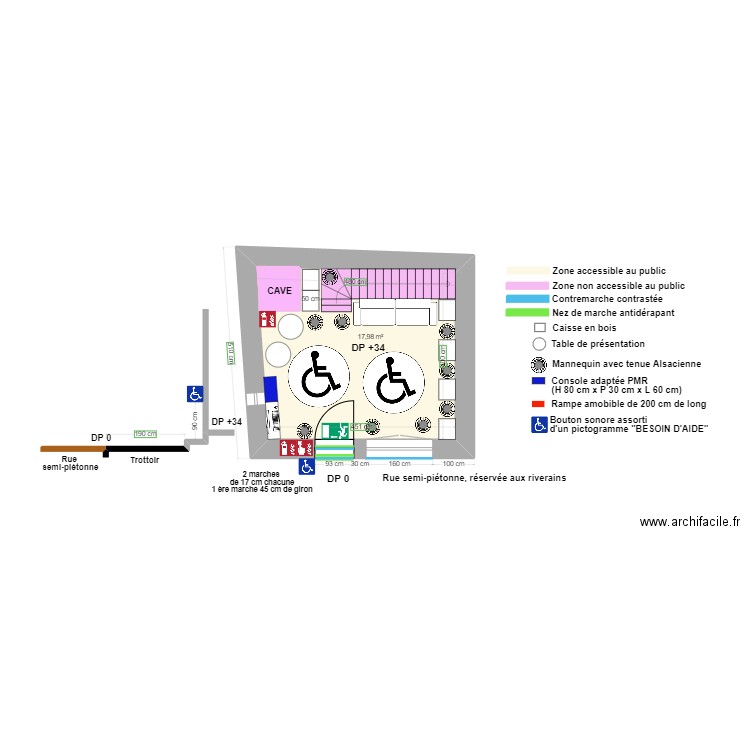 MAGASIN DE SOUVENIR APRES TRAVAUX avec plan de coupe. Plan de 2 pièces et 20 m2