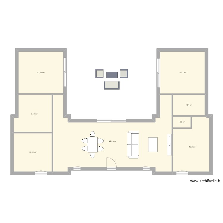 Plan en U V2. Plan de 8 pièces et 106 m2