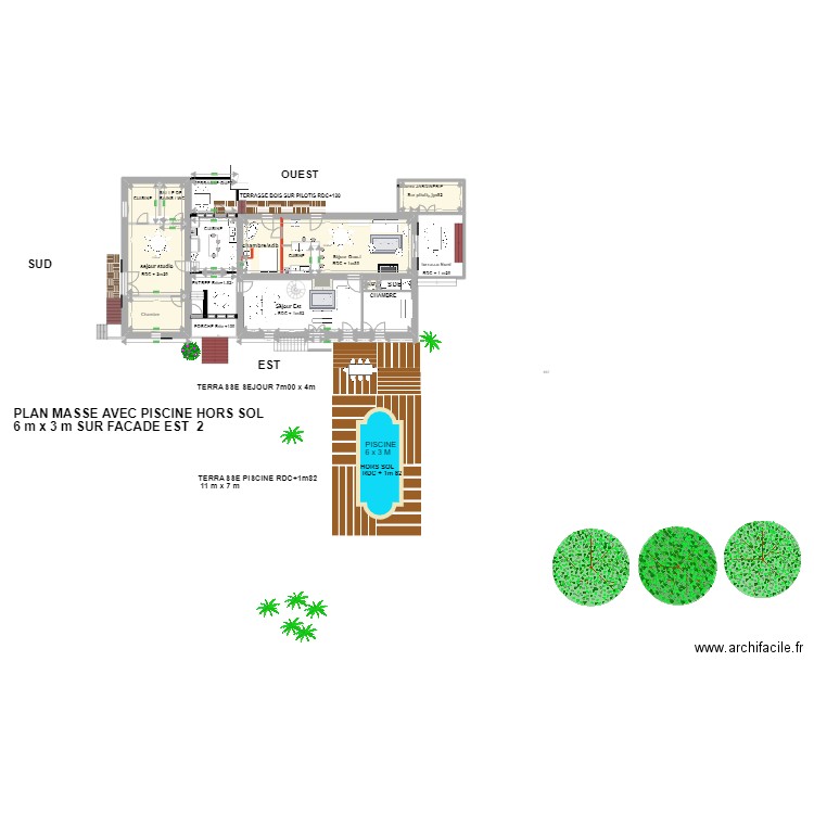 plan masse avec PISCINE HORS SOL 6X3 m Façade Est. Plan de 4 pièces et 121 m2