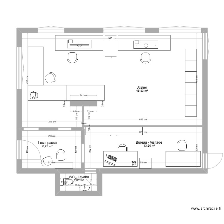 Atelier Montfaucon. Plan de 4 pièces et 67 m2