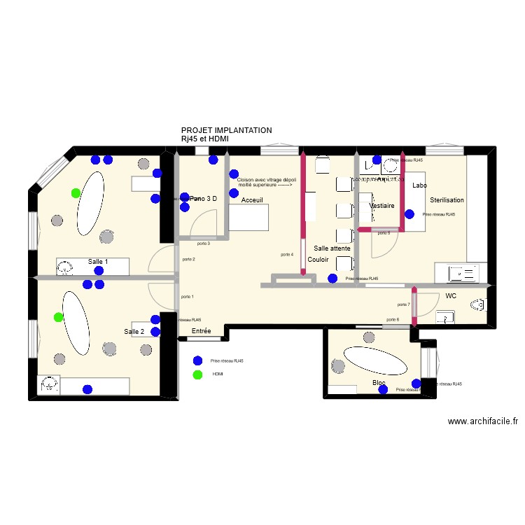 CABINET RJ45 et HDMI. Plan de 10 pièces et 78 m2