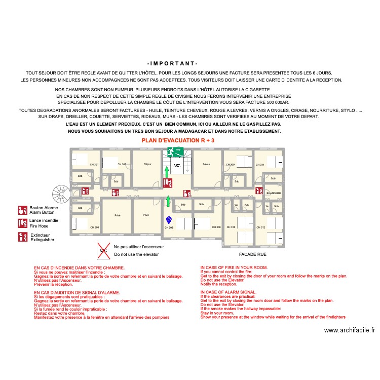 Plan évacuation 3ième Etage 300. Plan de 31 pièces et 51 m2