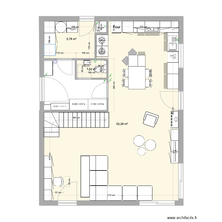 Cuisine muriel version 2. Plan de 3 pièces et 60 m2