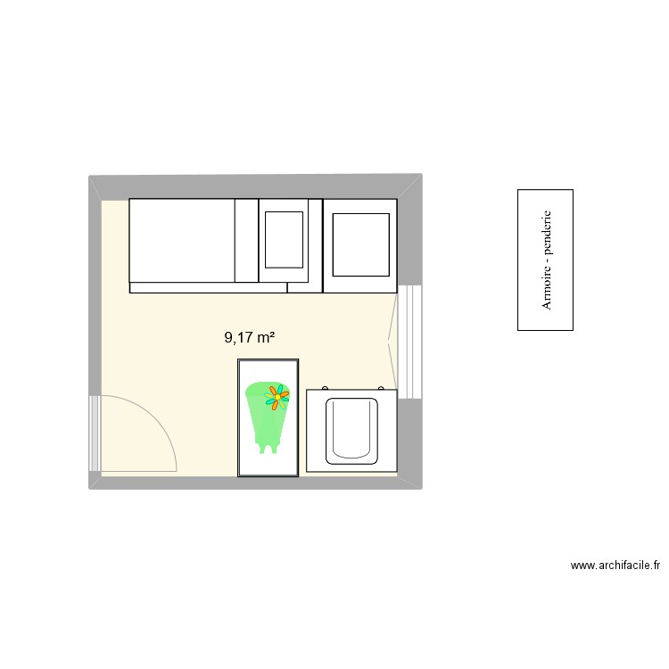 chambre. Plan de 1 pièce et 9 m2