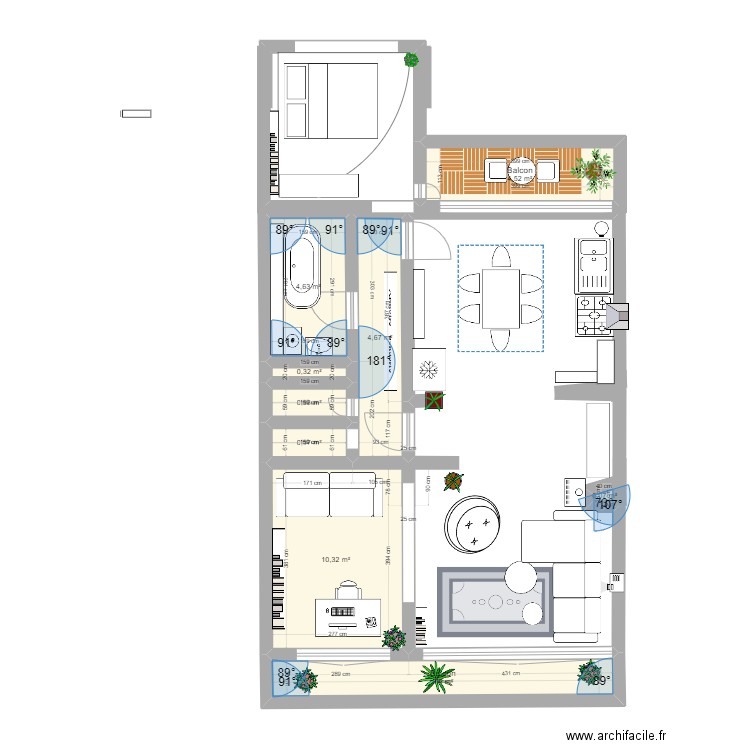 plan cuisine ouverte. Plan de 9 pièces et 32 m2