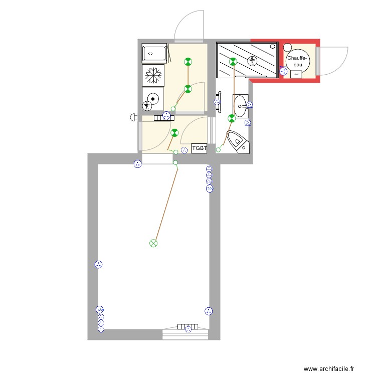 Distribution électrique studio. Plan de 3 pièces et 5 m2