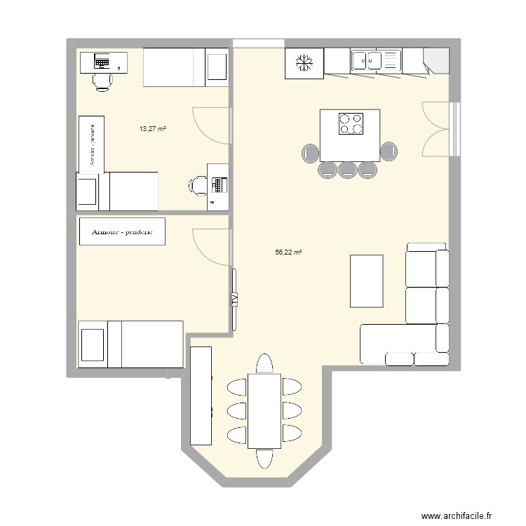 salon Projet. Plan de 2 pièces et 69 m2