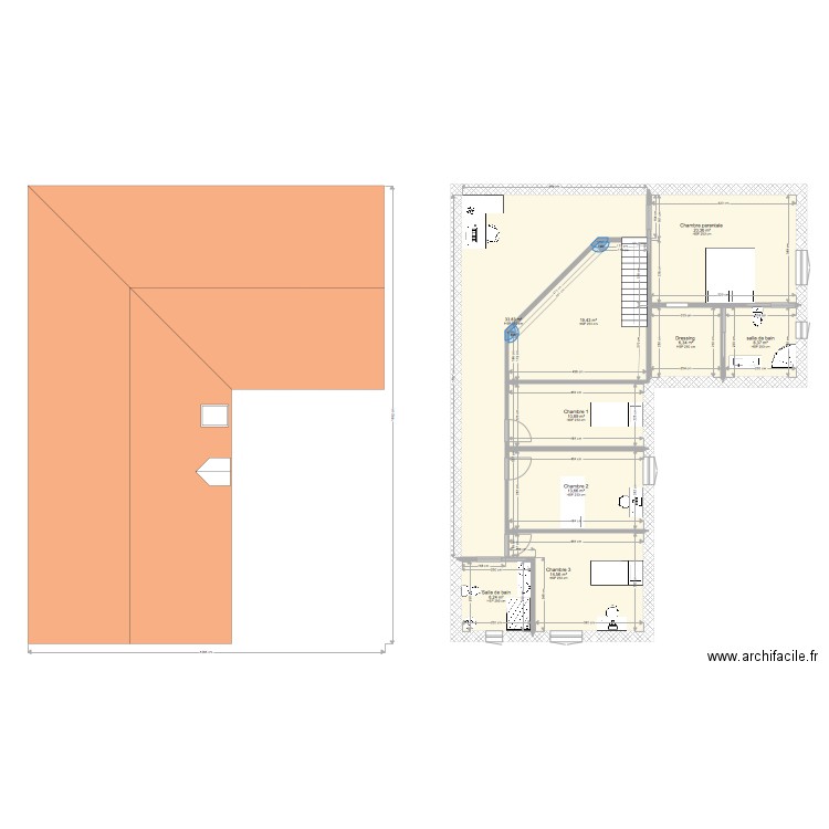 étage chambres . Plan de 9 pièces et 132 m2