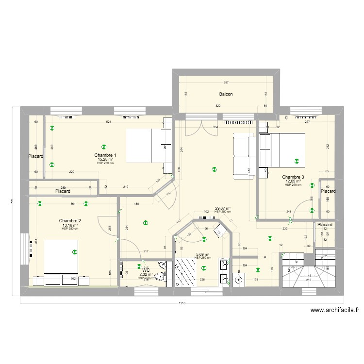 Cotations 1er étage Projet 7. Plan de 13 pièces et 89 m2
