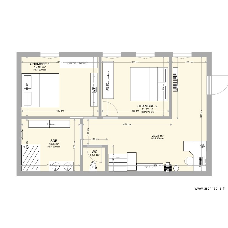 Etage RP. Plan de 5 pièces et 57 m2
