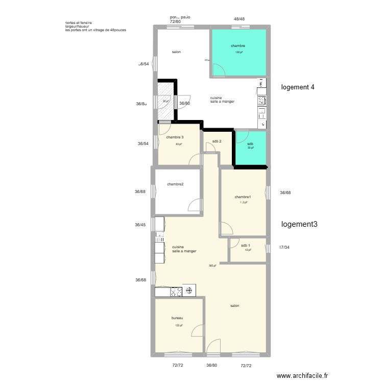 Logement 3 et 4  tailles fenetres et nom des pieces. Plan de 8 pièces et 107 m2