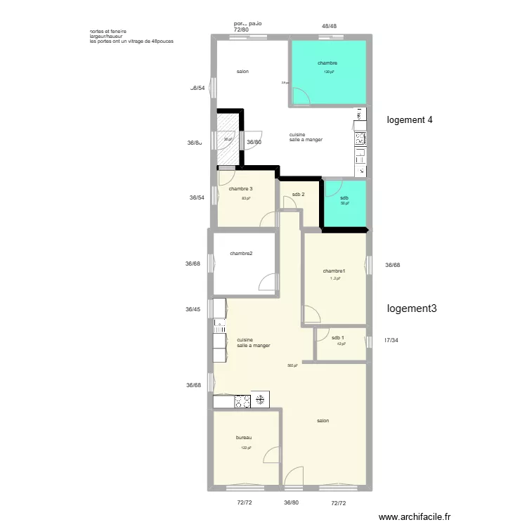 Logement 3 et 4 tailles fenetres et nom des pieces. Plan de Logement 3 et 4 tailles fenetres et nom des pieces. Plan de