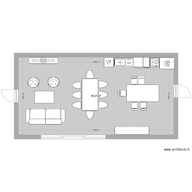 amenagement piece de vie. Plan de 1 pièce et 46 m2