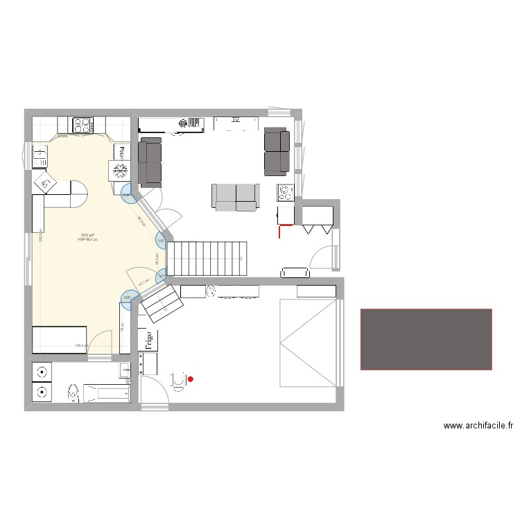 cuisine et salon. Plan de 1 pièce et 33 m2