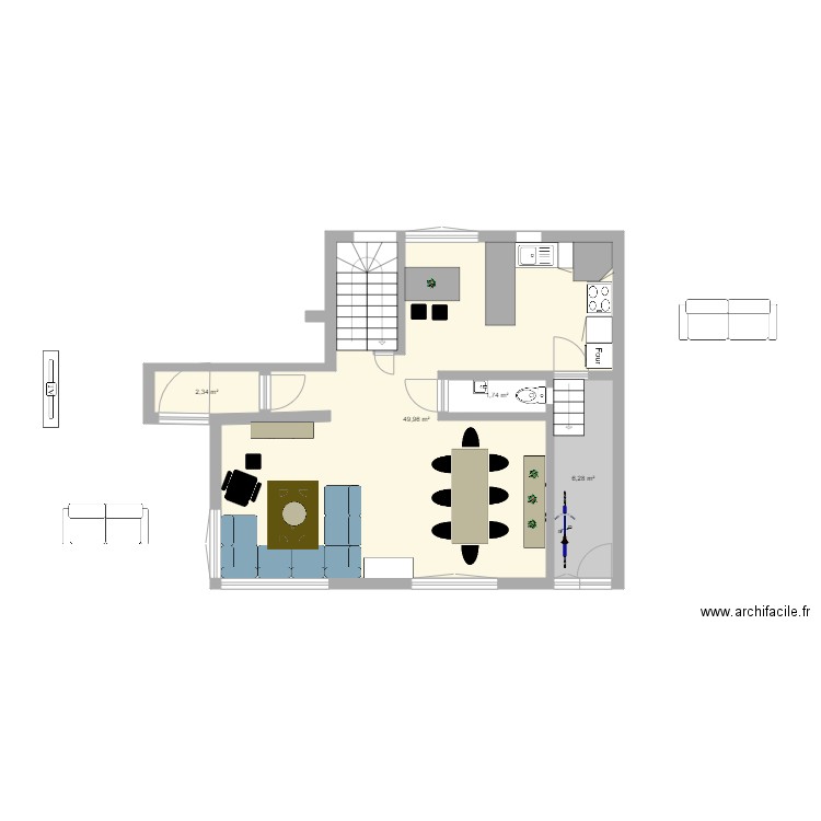 Rez . Plan de 4 pièces et 60 m2