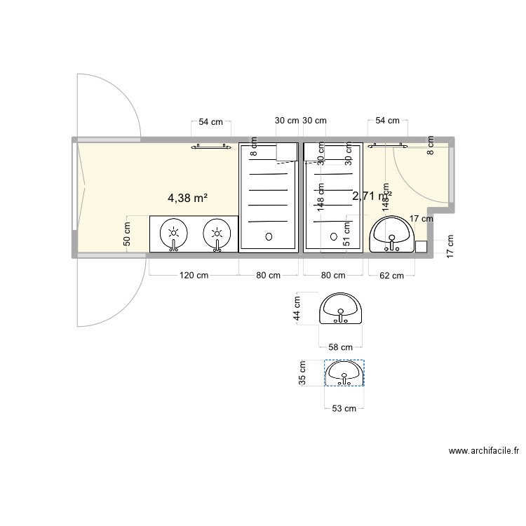 Salle de bain 2bb. Plan de 2 pièces et 7 m2