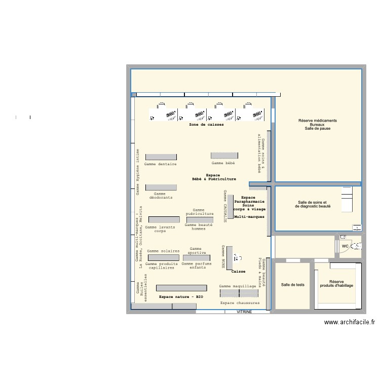 pharma. Plan de 3 pièces et 205 m2