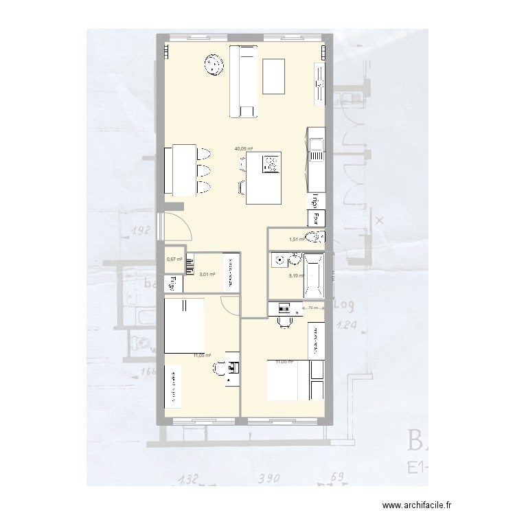 V1  petit gris. Plan de 7 pièces et 71 m2