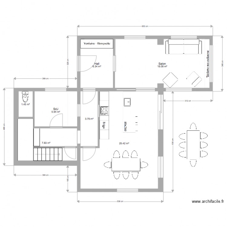 Cuisine Valentine plan total cuisine ouverte inversée. Plan de 0 pièce et 0 m2