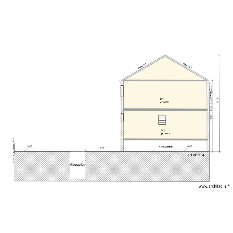 COUPE A. Plan de 3 pièces et 40 m2